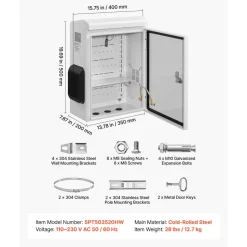 VEVOR Outdoor Electrical Box, Cold-Rolled Steel, Electrical Junction Box with Thermostat and Fan, Rain Hood, Ventilated Design, IP65 Waterproof Hinged Enclosure, Wall/Pole Mounted, 20 x 16 x 8 in