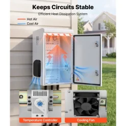 VEVOR Outdoor Electrical Box, Cold-Rolled Steel, Electrical Junction Box with Thermostat and Fan, Rain Hood, Ventilated Design, IP65 Waterproof Hinged Enclosure, Wall/Pole Mounted, 24 x 16 x 12 in