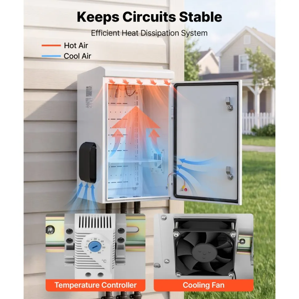 VEVOR Outdoor Electrical Box, Cold-Rolled Steel, Electrical Junction Box with Thermostat and Fan, Rain Hood, Ventilated Design, IP65 Waterproof Hinged Enclosure, Wall/Pole Mounted, 24 x 16 x 12 in