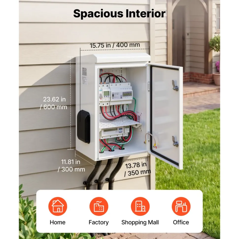VEVOR Outdoor Electrical Box, Cold-Rolled Steel, Electrical Junction Box with Thermostat and Fan, Rain Hood, Ventilated Design, IP65 Waterproof Hinged Enclosure, Wall/Pole Mounted, 24 x 16 x 12 in