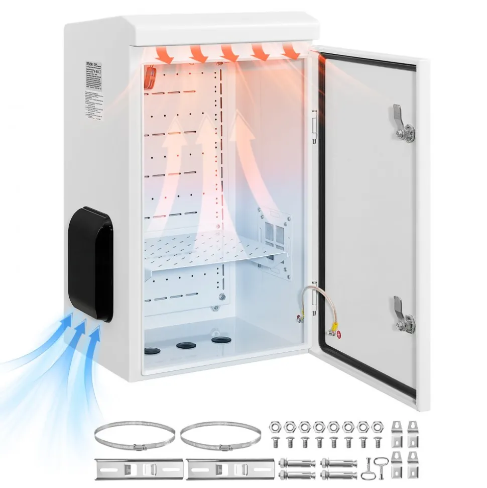 VEVOR Outdoor Electrical Box, Cold-Rolled Steel, Electrical Junction Box with Thermostat and Fan, Rain Hood, Ventilated Design, IP65 Waterproof Hinged Enclosure, Wall/Pole Mounted, 24 x 16 x 12 in