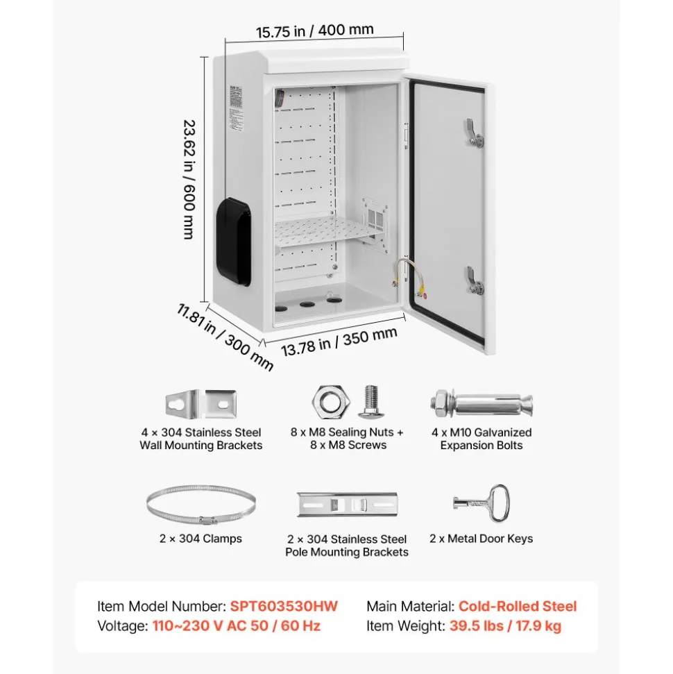 VEVOR Outdoor Electrical Box, Cold-Rolled Steel, Electrical Junction Box with Thermostat and Fan, Rain Hood, Ventilated Design, IP65 Waterproof Hinged Enclosure, Wall/Pole Mounted, 24 x 16 x 12 in