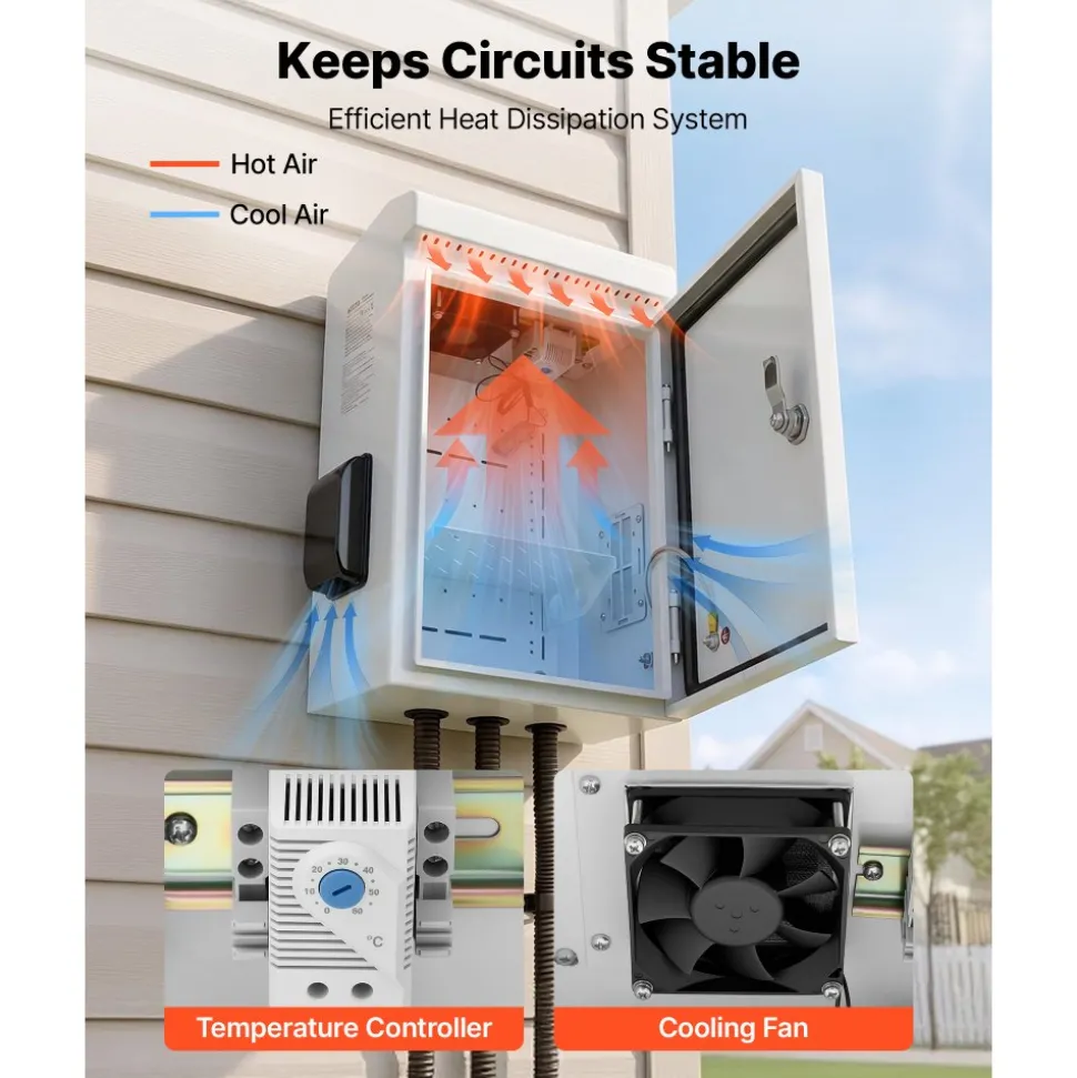 VEVOR Outdoor Electrical Box, Cold-Rolled Steel, Electrical Junction Box with Thermostat and Fan, Rain Hood, Ventilated Design, IP65 Waterproof Hinged Enclosure, Wall/Pole Mounted, 16 x 12 x 8 in