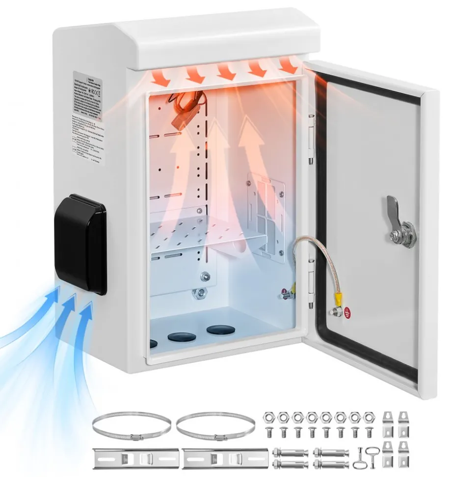 VEVOR Outdoor Electrical Box, Cold-Rolled Steel, Electrical Junction Box with Thermostat and Fan, Rain Hood, Ventilated Design, IP65 Waterproof Hinged Enclosure, Wall/Pole Mounted, 16 x 12 x 8 in