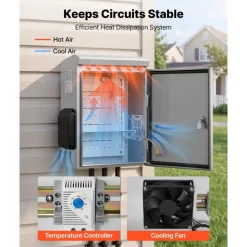 VEVOR Outdoor Electrical Box, 20 x 16 x 8 in, Stainless Steel Ventilated Electrical Enclosure with Thermostat and Fan, Rain Hood, Hinge Connection, IP65 Waterproof Junction Box, Wall/Pole Mounted,