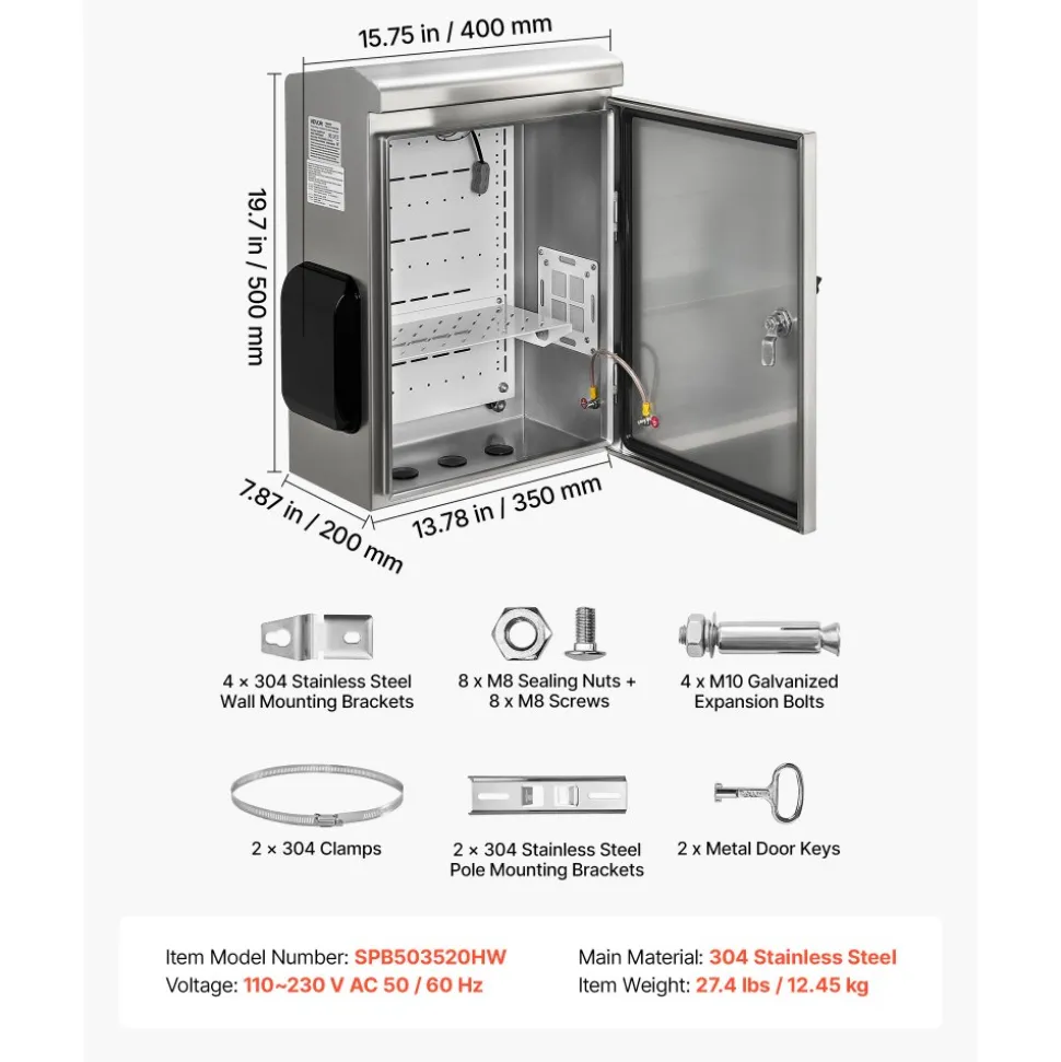 VEVOR Outdoor Electrical Box, 20 x 16 x 8 in, Stainless Steel Ventilated Electrical Enclosure with Thermostat and Fan, Rain Hood, Hinge Connection, IP65 Waterproof Junction Box, Wall/Pole Mounted,