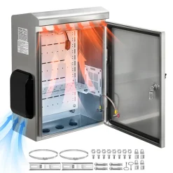 VEVOR Outdoor Electrical Box, 20 x 16 x 8 in, Stainless Steel Ventilated Electrical Enclosure with Thermostat and Fan, Rain Hood, Hinge Connection, IP65 Waterproof Junction Box, Wall/Pole Mounted,