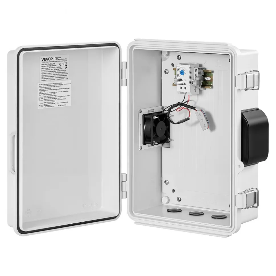 VEVOR Outdoor Electrical Box, ABS, Waterproof Electrical Junction Box with Thermostat and Fan, Mounting Plate, Cable Grommets, Ventilated Plastic Enclosure, 14.2 x 10.8 x 5.9 in, IP65 for Indoor/Outdoor