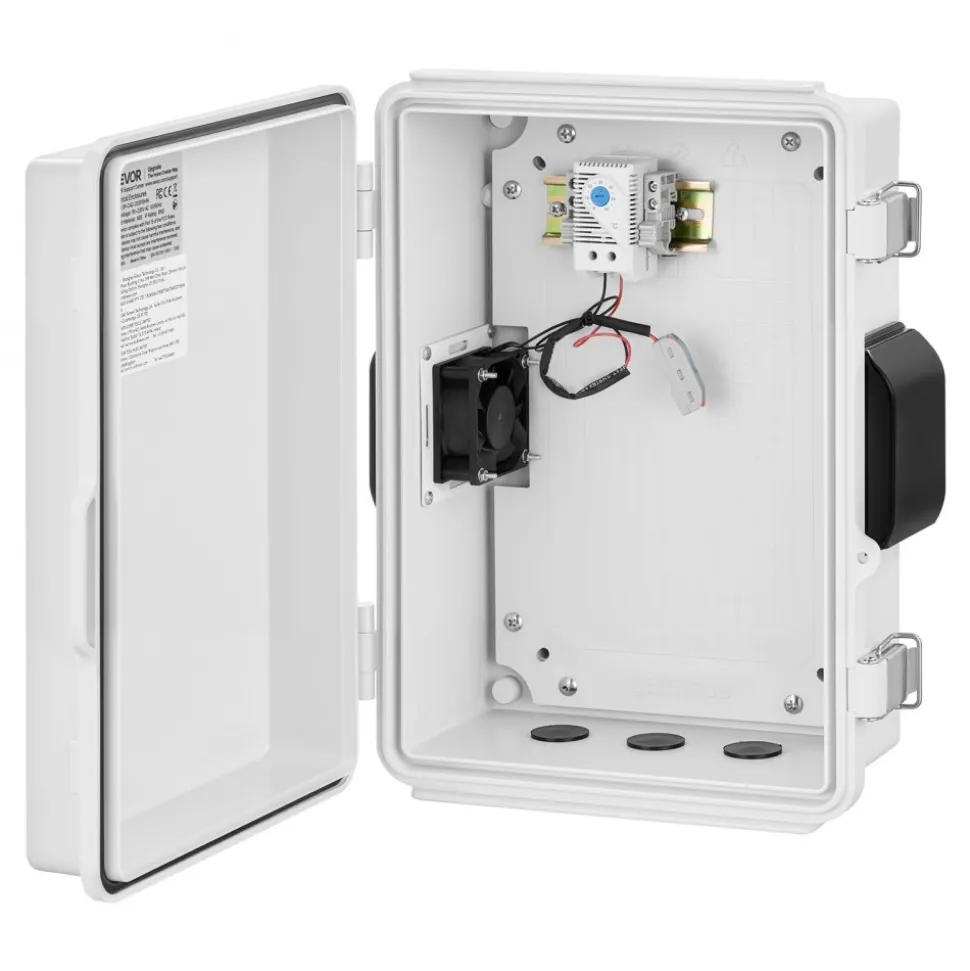 VEVOR Outdoor Electrical Box, ABS, Waterproof Electrical Junction Box with Thermostat and Fan, Mounting Plate, Cable Grommets, Ventilated Plastic Enclosure, 14.2 x 10.8 x 5.9 in, IP65 for Indoor/Outdoor