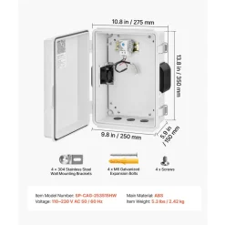 VEVOR Outdoor Electrical Box, ABS, Waterproof Electrical Junction Box with Thermostat and Fan, Mounting Plate, Cable Grommets, Ventilated Plastic Enclosure, 14.2 x 10.8 x 5.9 in, IP65 for Indoor/Outdoor