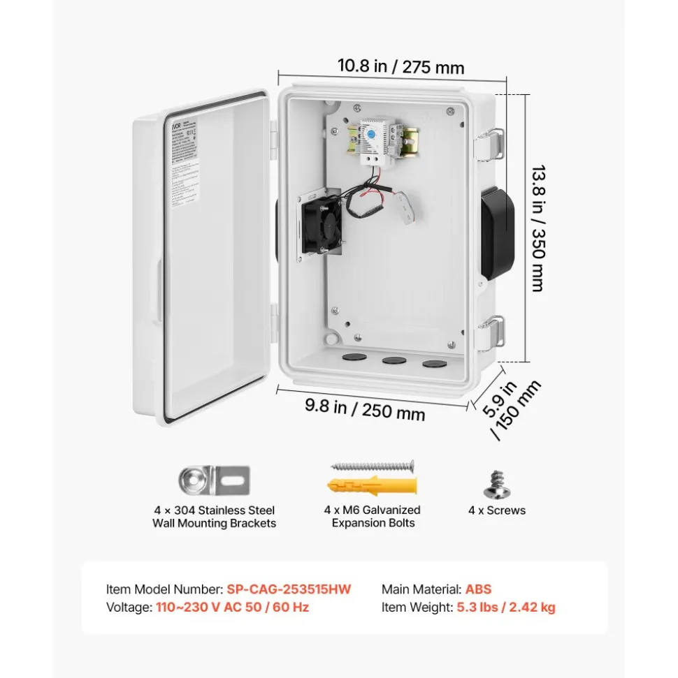 VEVOR Outdoor Electrical Box, ABS, Waterproof Electrical Junction Box with Thermostat and Fan, Mounting Plate, Cable Grommets, Ventilated Plastic Enclosure, 14.2 x 10.8 x 5.9 in, IP65 for Indoor/Outdoor