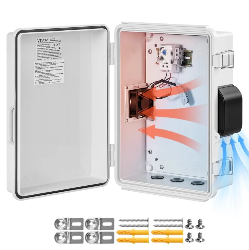 VEVOR Outdoor Electrical Box, ABS, Waterproof Electrical Junction Box with Thermostat and Fan, Mounting Plate, Cable Grommets, Ventilated Plastic Enclosure, 14.2 x 10.8 x 5.9 in, IP65 for Indoor/Outdoor
