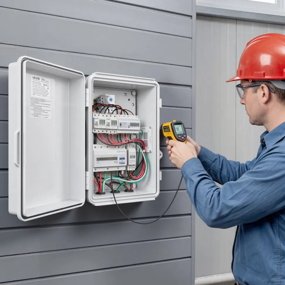 VEVOR Outdoor Electrical Box, ABS, Waterproof Electrical Junction Box with Thermostat and Fan, Mounting Plate, Cable Grommets, Ventilated Plastic Enclosure, 14.2 x 10.8 x 5.9 in, IP65 for Indoor/Outdoor