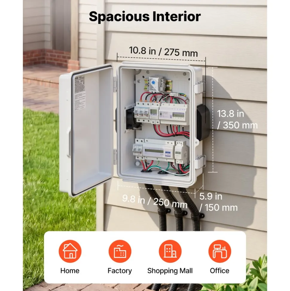 VEVOR Outdoor Electrical Box, ABS, Waterproof Electrical Junction Box with Thermostat and Fan, Mounting Plate, Cable Grommets, Ventilated Plastic Enclosure, 14.2 x 10.8 x 5.9 in, IP65 for Indoor/Outdoor