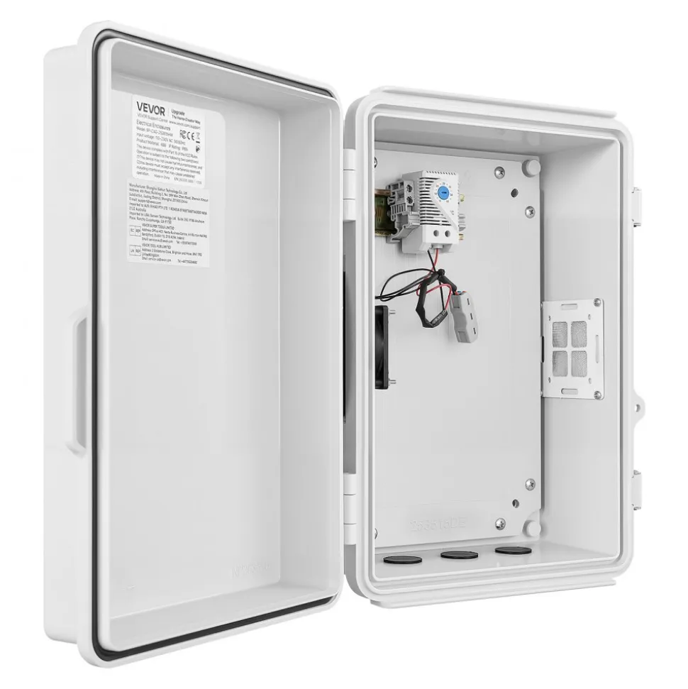 VEVOR Outdoor Electrical Box, ABS, Waterproof Electrical Junction Box with Thermostat and Fan, Mounting Plate, Cable Grommets, Ventilated Plastic Enclosure, 14.2 x 10.8 x 5.9 in, IP65 for Indoor/Outdoor
