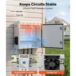 VEVOR Outdoor Electrical Box, Cold-Rolled Steel, Electrical Junction Box with Thermostat and Fan, Rain Hood, Ventilated Design, IP65 Waterproof Hinged Enclosure, Wall/Pole Mounted, 24 x 24 x 12 in