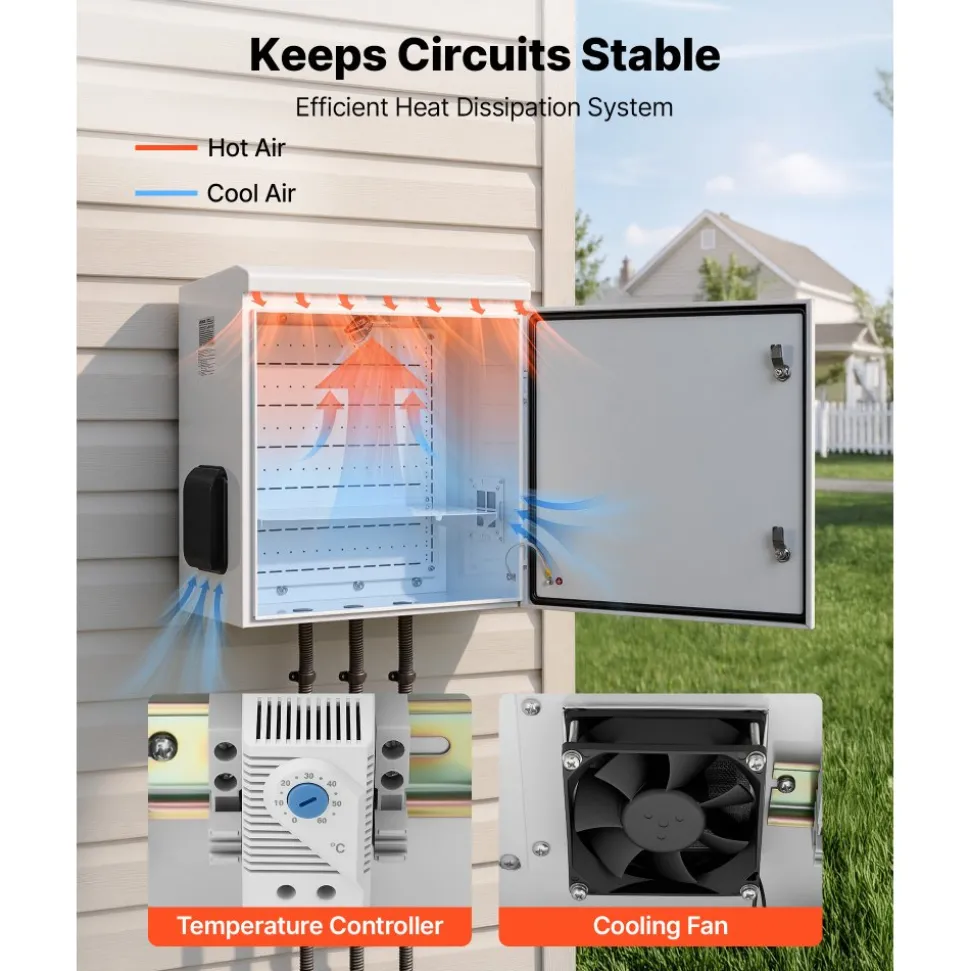 VEVOR Outdoor Electrical Box, Cold-Rolled Steel, Electrical Junction Box with Thermostat and Fan, Rain Hood, Ventilated Design, IP65 Waterproof Hinged Enclosure, Wall/Pole Mounted, 24 x 24 x 12 in