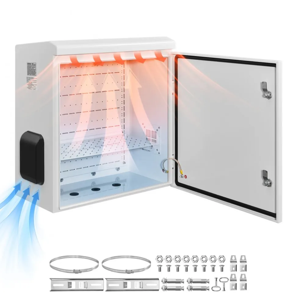 VEVOR Outdoor Electrical Box, Cold-Rolled Steel, Electrical Junction Box with Thermostat and Fan, Rain Hood, Ventilated Design, IP65 Waterproof Hinged Enclosure, Wall/Pole Mounted, 24 x 24 x 12 in