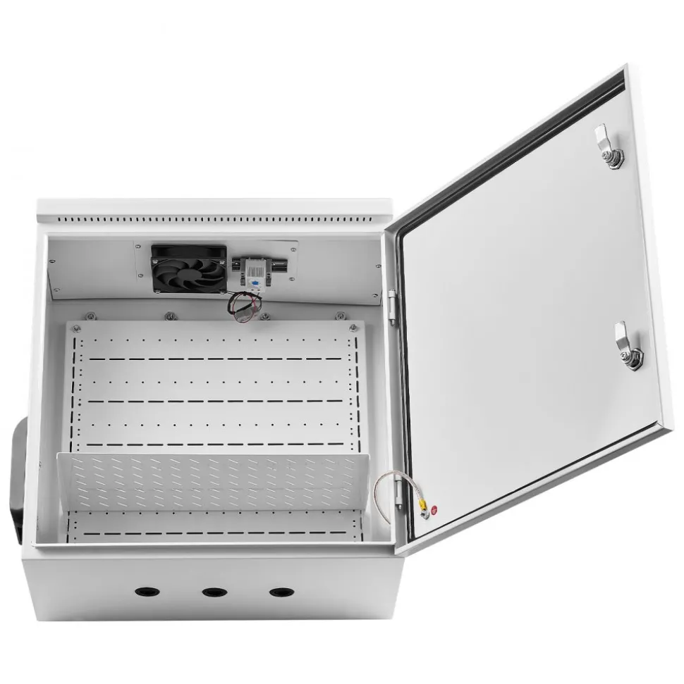 VEVOR Outdoor Electrical Box, Cold-Rolled Steel, Electrical Junction Box with Thermostat and Fan, Rain Hood, Ventilated Design, IP65 Waterproof Hinged Enclosure, Wall/Pole Mounted, 24 x 24 x 12 in