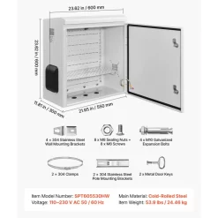 VEVOR Outdoor Electrical Box, Cold-Rolled Steel, Electrical Junction Box with Thermostat and Fan, Rain Hood, Ventilated Design, IP65 Waterproof Hinged Enclosure, Wall/Pole Mounted, 24 x 24 x 12 in