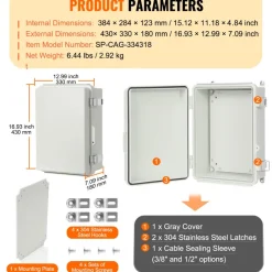 VEVOR Outdoor Electrical Junction Box, 16.93 x 12.99 x 7.09 in, ABS Plastic Electrical Enclosure Box with Hinged Cover Stainless Steel Latch, IP67 Dustproof Waterproof for Outdoor Electrical Projects
