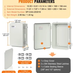 VEVOR Outdoor Electrical Junction Box, 11.81 x 7.87 x 7.08 in, ABS Plastic Electrical Enclosure Box with Hinged Cover Stainless Steel Latch, IP67 Dustproof Waterproof for Outdoor Electrical Projects