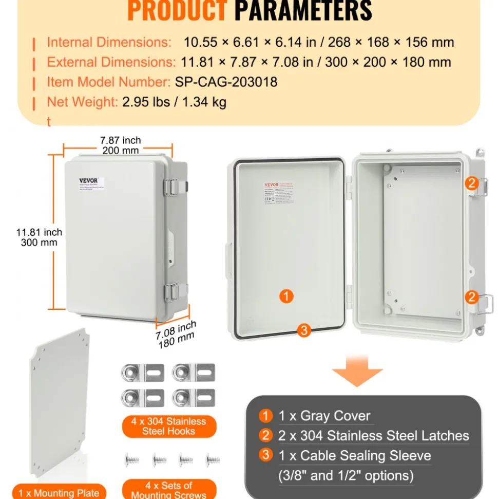 VEVOR Outdoor Electrical Junction Box, 11.81 x 7.87 x 7.08 in, ABS Plastic Electrical Enclosure Box with Hinged Cover Stainless Steel Latch, IP67 Dustproof Waterproof for Outdoor Electrical Projects