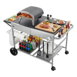 VEVOR Outdoor Grill Cart, Grilling Table, Movable Outdoor Cooking Table with 4 Spice Containers, Wheels, Lids, Hooks, BBQ Prep Tables for Picnic, Kitchen, Courtyard