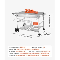 VEVOR Outdoor Grill Cart, Grilling Table, Movable Outdoor Cooking Table with 4 Spice Containers, Wheels, Lids, Hooks, BBQ Prep Tables for Picnic, Kitchen, Courtyard