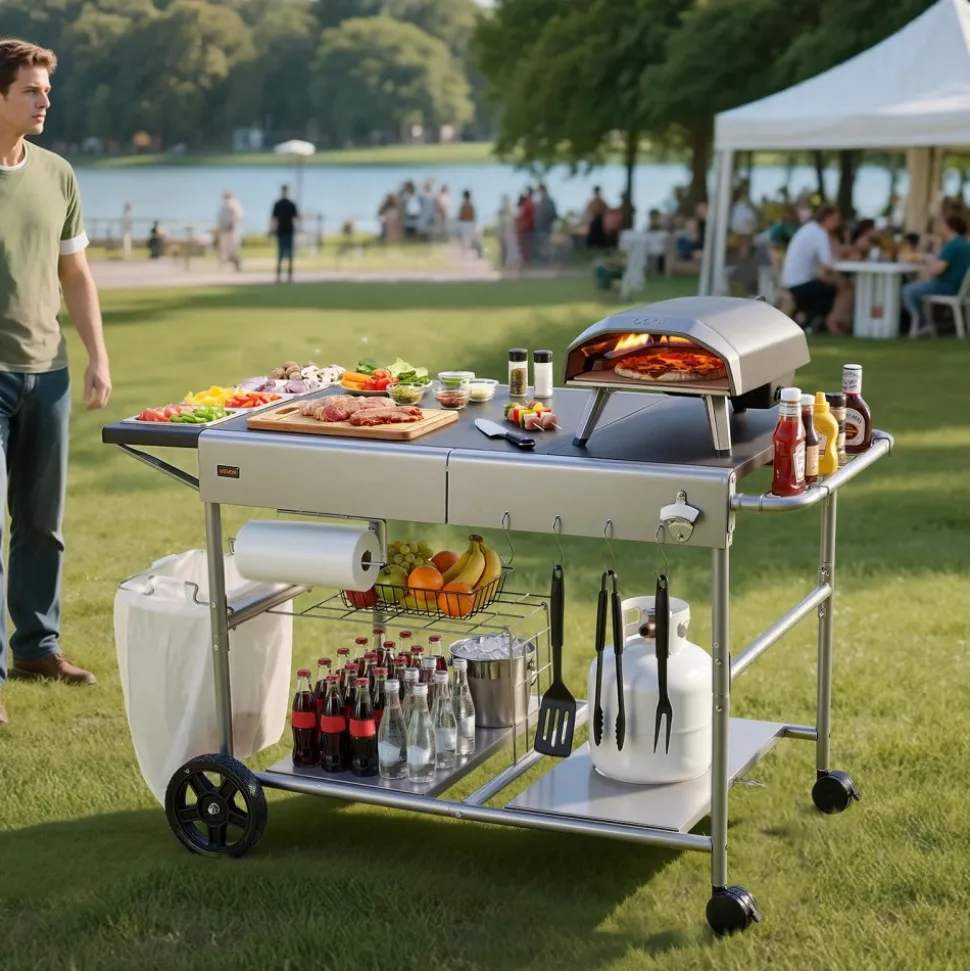 VEVOR Outdoor Grill Cart, Grilling Table, Movable Outdoor Cooking Table with 4 Spice Containers, Wheels, Lids, Hooks, BBQ Prep Tables for Picnic, Kitchen, Courtyard