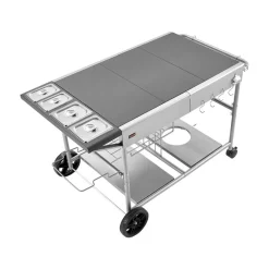 VEVOR Outdoor Grill Cart, Grilling Table, Movable Outdoor Cooking Table with 4 Spice Containers, Wheels, Lids, Hooks, BBQ Prep Tables for Picnic, Kitchen, Courtyard