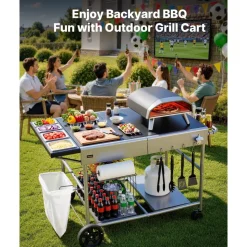 VEVOR Outdoor Grill Cart, Grilling Table, Movable Outdoor Cooking Table with 4 Spice Containers, Wheels, Lids, Hooks, BBQ Prep Tables for Picnic, Kitchen, Courtyard