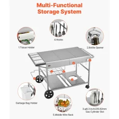 VEVOR Outdoor Grill Cart, Grilling Table, Movable Outdoor Cooking Table with 4 Spice Containers, Wheels, Lids, Hooks, BBQ Prep Tables for Picnic, Kitchen, Courtyard