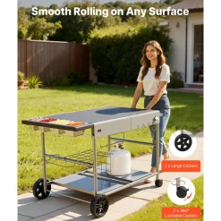 VEVOR Outdoor Grill Cart, Grilling Table, Movable Outdoor Cooking Table with 4 Spice Containers, Wheels, Lids, Hooks, BBQ Prep Tables for Picnic, Kitchen, Courtyard