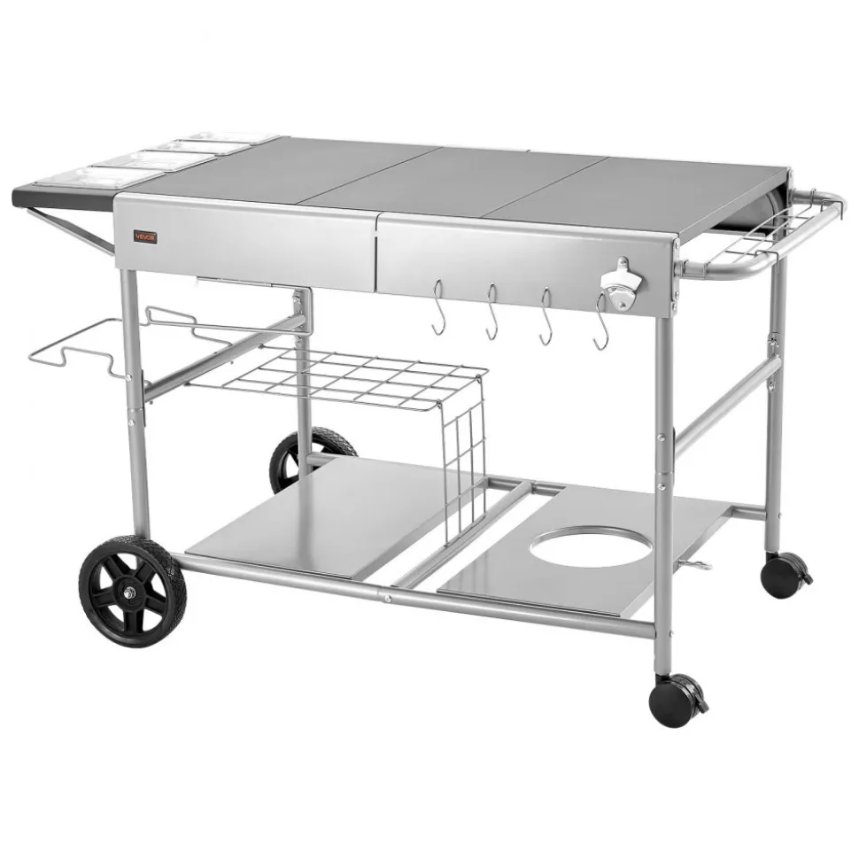 VEVOR Outdoor Grill Cart, Grilling Table, Movable Outdoor Cooking Table with 4 Spice Containers, Wheels, Lids, Hooks, BBQ Prep Tables for Picnic, Kitchen, Courtyard