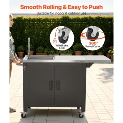VEVOR Outdoor Grill Cart with Sink and Storage Cabinet, 52 Inch Grill Table, Waterproof Kitchen Island with Stainless Steel Top, Spice Rack, Wheel, Movable Food Prep Station for Patio Bar Backyard BBQ