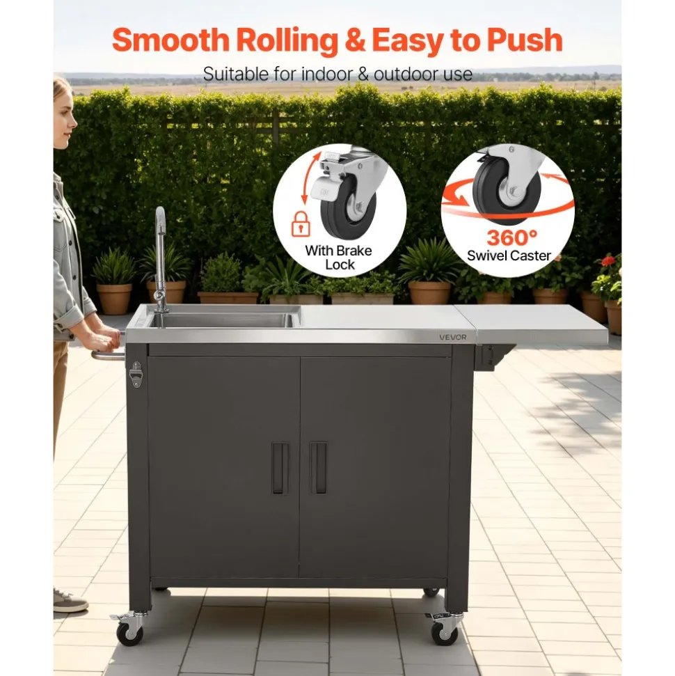 VEVOR Outdoor Grill Cart with Sink and Storage Cabinet, 52 Inch Grill Table, Waterproof Kitchen Island with Stainless Steel Top, Spice Rack, Wheel, Movable Food Prep Station for Patio Bar Backyard BBQ