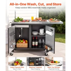 VEVOR Outdoor Grill Cart with Sink and Storage Cabinet, 52 Inch Grill Table, Waterproof Kitchen Island with Stainless Steel Top, Spice Rack, Wheel, Movable Food Prep Station for Patio Bar Backyard BBQ
