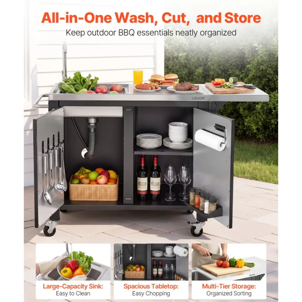 VEVOR Outdoor Grill Cart with Sink and Storage Cabinet, 52 Inch Grill Table, Waterproof Kitchen Island with Stainless Steel Top, Spice Rack, Wheel, Movable Food Prep Station for Patio Bar Backyard BBQ
