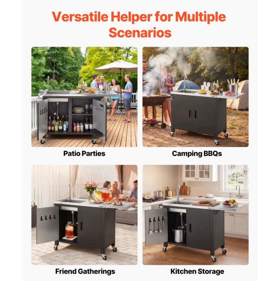 VEVOR Outdoor Grill Cart with Sink and Storage Cabinet, 52 Inch Grill Table, Waterproof Kitchen Island with Stainless Steel Top, Spice Rack, Wheel, Movable Food Prep Station for Patio Bar Backyard BBQ