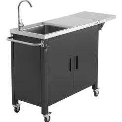 VEVOR Outdoor Grill Cart with Sink and Storage Cabinet, 52 Inch Grill Table, Waterproof Kitchen Island with Stainless Steel Top, Spice Rack, Wheel, Movable Food Prep Station for Patio Bar Backyard BBQ