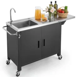 VEVOR Outdoor Grill Cart with Sink and Storage Cabinet, 52 Inch Grill Table, Waterproof Kitchen Island with Stainless Steel Top, Spice Rack, Wheel, Movable Food Prep Station for Patio Bar Backyard BBQ