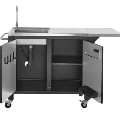 VEVOR Outdoor Grill Cart with Sink and Storage Cabinet, 52 Inch Grill Table, Waterproof Kitchen Island with Stainless Steel Top, Spice Rack, Wheel, Movable Food Prep Station for Patio Bar Backyard BBQ