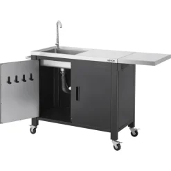 VEVOR Outdoor Grill Cart with Sink and Storage Cabinet, 52 Inch Grill Table, Waterproof Kitchen Island with Stainless Steel Top, Spice Rack, Wheel, Movable Food Prep Station for Patio Bar Backyard BBQ