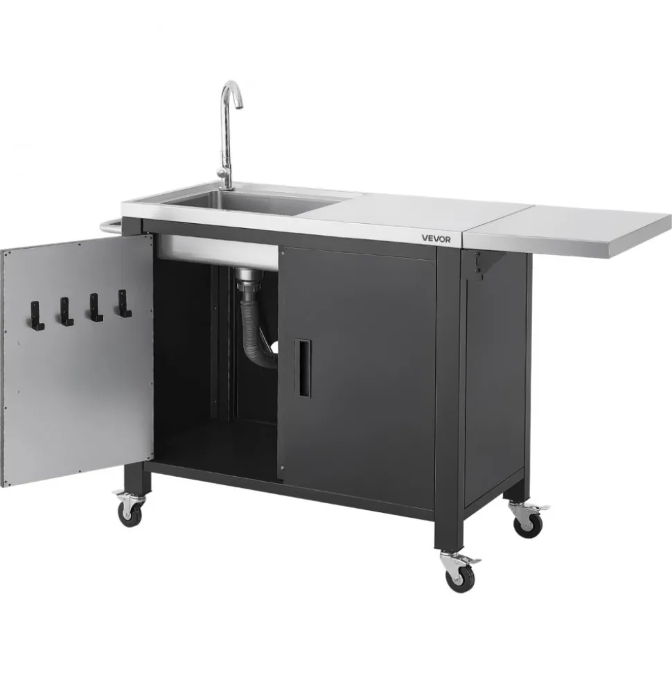 VEVOR Outdoor Grill Cart with Sink and Storage Cabinet, 52 Inch Grill Table, Waterproof Kitchen Island with Stainless Steel Top, Spice Rack, Wheel, Movable Food Prep Station for Patio Bar Backyard BBQ
