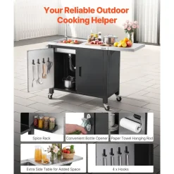 VEVOR Outdoor Grill Cart with Sink and Storage Cabinet, 52 Inch Grill Table, Waterproof Kitchen Island with Stainless Steel Top, Spice Rack, Wheel, Movable Food Prep Station for Patio Bar Backyard BBQ