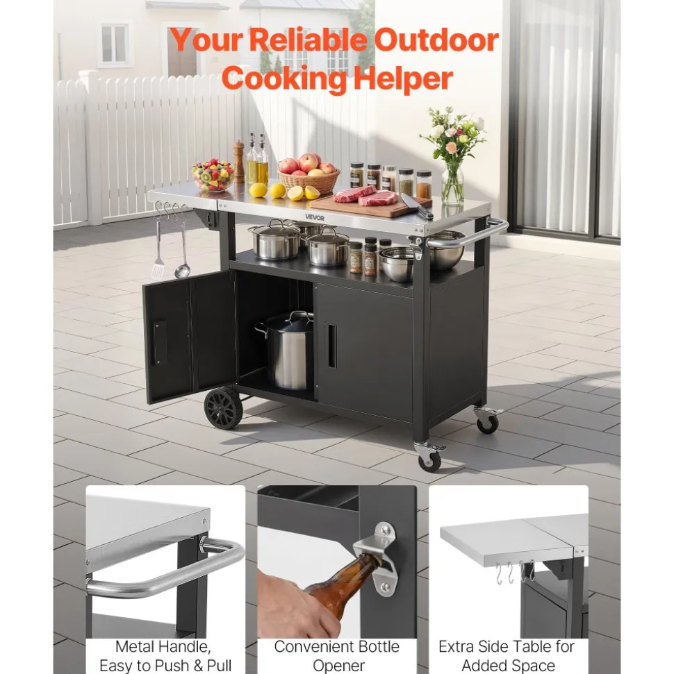 VEVOR Outdoor Grill Cart with Storage Cabinet, 48.9 Inch Grill Table, Waterproof Kitchen Island with Stainless Steel Top, Shelf, and Wheels, Movable Food Prep Station for Patio Bar Backyard BBQ