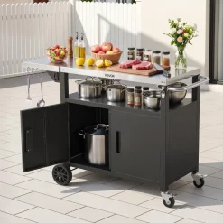 VEVOR Outdoor Grill Cart with Storage Cabinet, 48.9 Inch Grill Table, Waterproof Kitchen Island with Stainless Steel Top, Shelf, and Wheels, Movable Food Prep Station for Patio Bar Backyard BBQ