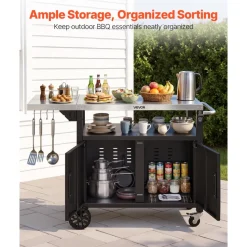 VEVOR Outdoor Grill Cart with Storage Cabinet, 48.9 Inch Grill Table, Waterproof Kitchen Island with Stainless Steel Top, Shelf, and Wheels, Movable Food Prep Station for Patio Bar Backyard BBQ