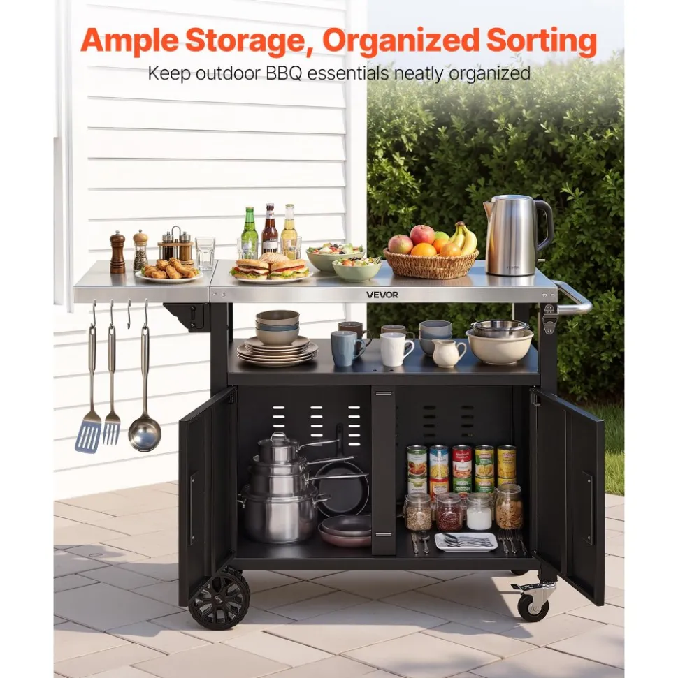 VEVOR Outdoor Grill Cart with Storage Cabinet, 48.9 Inch Grill Table, Waterproof Kitchen Island with Stainless Steel Top, Shelf, and Wheels, Movable Food Prep Station for Patio Bar Backyard BBQ